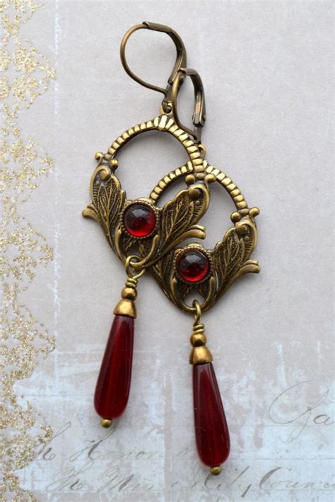 Art Nouveau Art Deco Red Glass Drop Earrings Antiqued Brass Floral