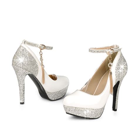 Leatherette Stiletto Heel Pumps Platform Closed Toe With Rhinestone