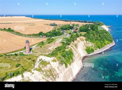 Aerial view of Kap Arkona on Rügen island at the Baltic Sea with