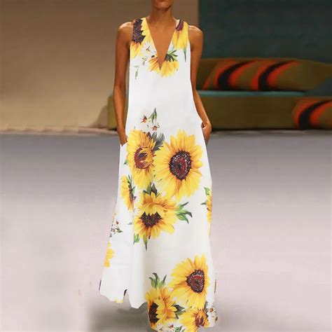 Sleeveless V Neck Long Sundress Women Sunflower Print Maxi Dress Female