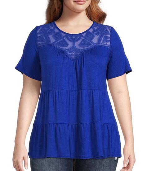 Moa Moa Plus Size Lace Yoke Crew Neck Short Sleeve Tiered Top Dillards