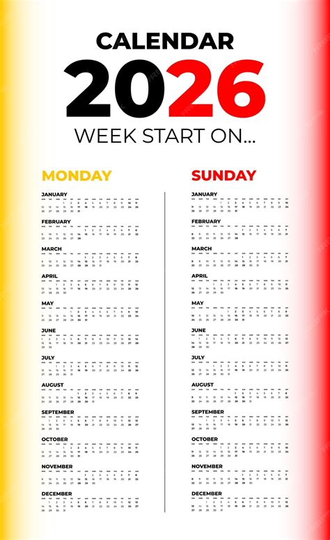 Calendario vectorial para 2026 sobre fondo blanco la semana comienza el