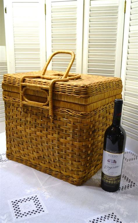 Vintage Wicker Picnic Basket Double Handles Rustic By Panchosporch