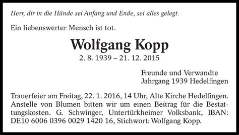 Traueranzeigen Von Wolfgang Kopp Zeit Des Gedenkens De