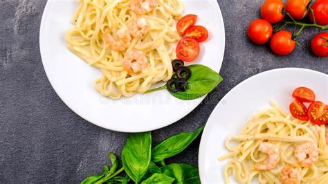 Italian Style King Prawn Alfredo Pasta Stock Photo Image Of Creamy