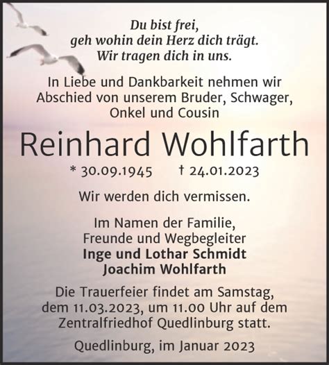 Traueranzeigen Von Reinhard Wohlfarth Abschied Nehmen De