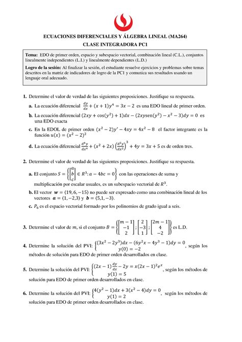 MA264 Clase integradora PC1 ECUACIONES DIFERENCIALES Y ÁLGEBRA LINEAL