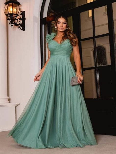 Vestido Longo De Festa Micro Tule Detalhe Na Alcinha Marjorie Verde