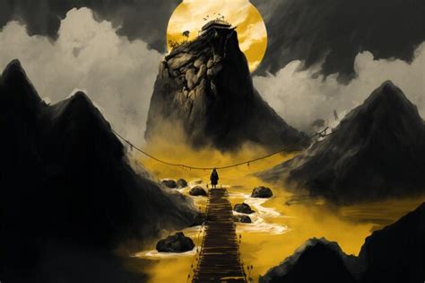 Premium Photo Painting Of A Man Walking Across Bridge Over Mountain