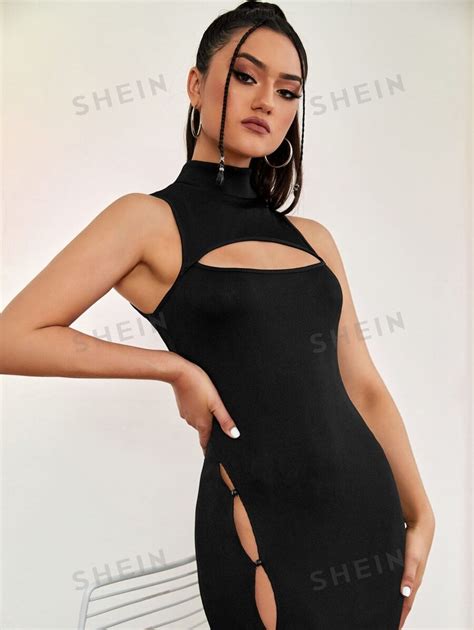 Shein Bae Mock Neck Cut Out Split Thigh Dress Shein Uk