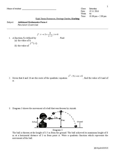 Addmaths Form 4 Revision Exercise Pdf Area Quadratic Equation