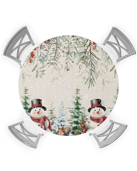 Christmas Snowman Table Cloth, Round Fitted Tablecloths with Elastic