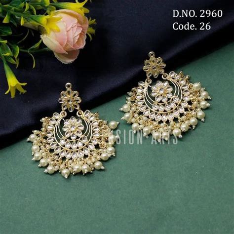 Brass Golden Fusion Arts Indo Western Kundan Hanging Chandbali Earring