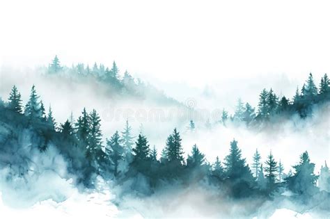 Watercolor Foggy Forest Landscape Illustration Generative AI Stock