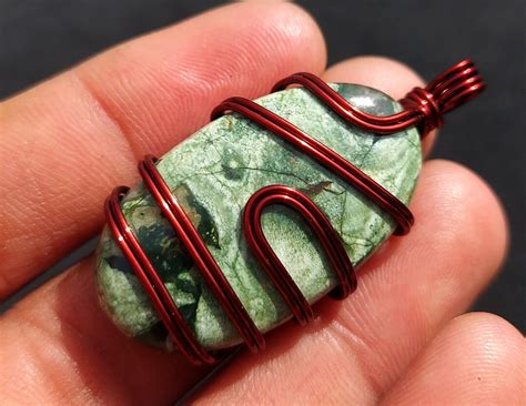 Rhyolite Gemstone Cabochon Pendant Copper Wire Wrapped Natural