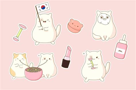 set of stickers cute korean cat and cosmetics 27304464 Vector Art at ...