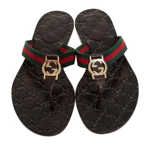 Gucci Brown Gg Thong Web Detail Sandals With Double G Ornament Size