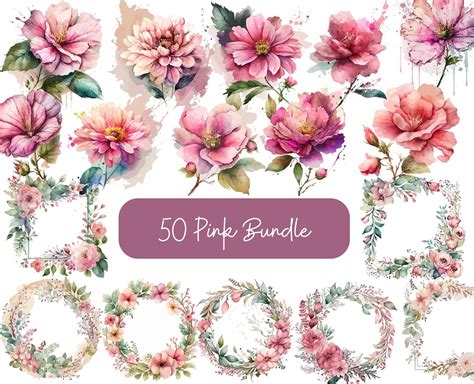 50 Pink Flowers PNG Watercolor Flower Clipart Pink Flowers - Etsy