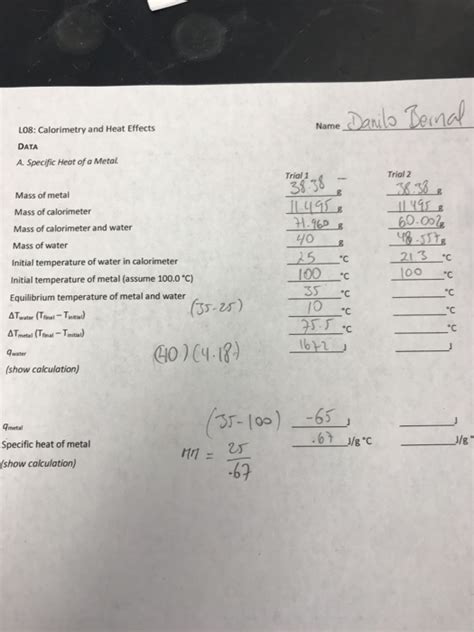 Solved Name L Calorimetry And Heat Effects Data A Chegg