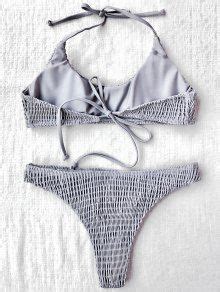 Off Padded Smocked Bralette Bikini Set In Gray Zaful