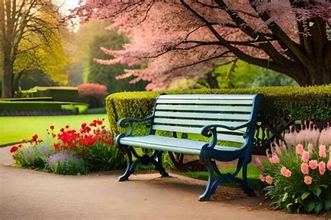 Premium Photo A Park Bench With Pink Flowers And A Tree With Pink