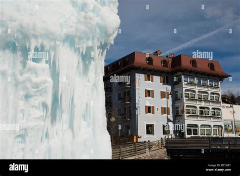 Scenic View Of Moena Ice Sculpture On River Avisio Trentino Alto Adige Dolomites Italy