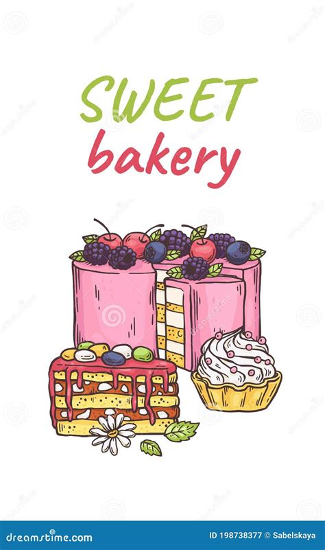 Card Or Poster For Bakery Or Pastry Store With Cakes Sketch Vector