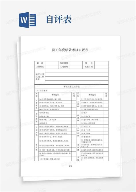 年度员工绩效考核自评表word模板下载编号lzkbvnzz熊猫办公