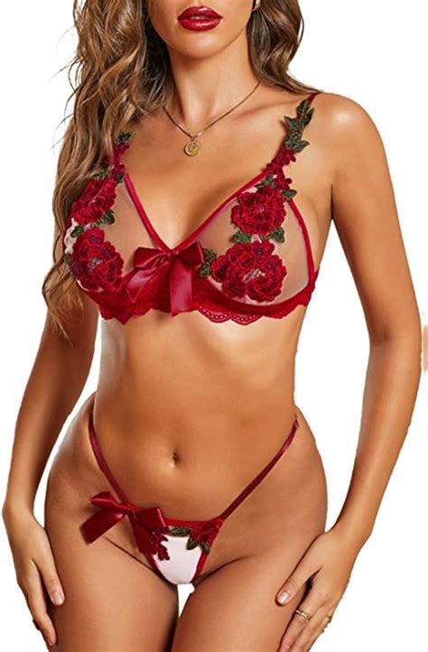 Corafritz Women Embroidery Bow Lingerie Set Babydoll Triangle Bra Thong