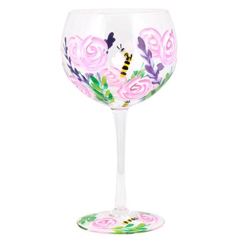 Hand Painted Gin Glass Lynsey Johnstone Bees Pink Roses Balloon Glass Joyce And Joan