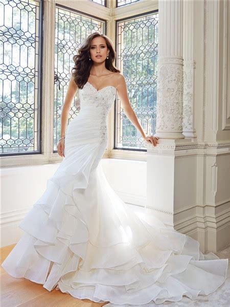 Mermaid Strapless Sweetheart Neckline Layered Organza Ruffle Crystal