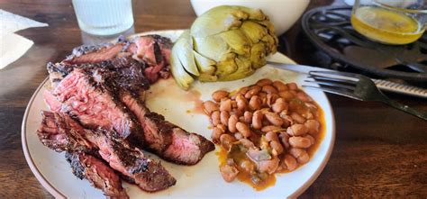 Ribeye over mesquite, ranch beans, artichoke. - Dining and Cooking