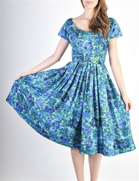 Vintage 1950s Blue Floral Raw Silk Full Skirt Dress From Amarcord