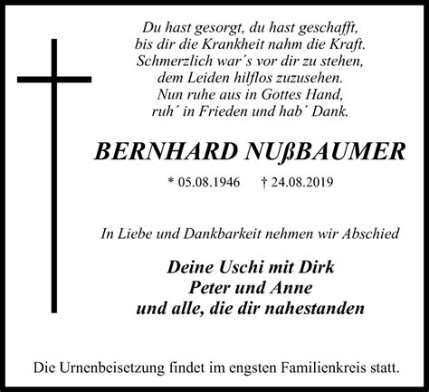 Traueranzeigen Von Bernhard Nu Baumer Trauer In Nrw De