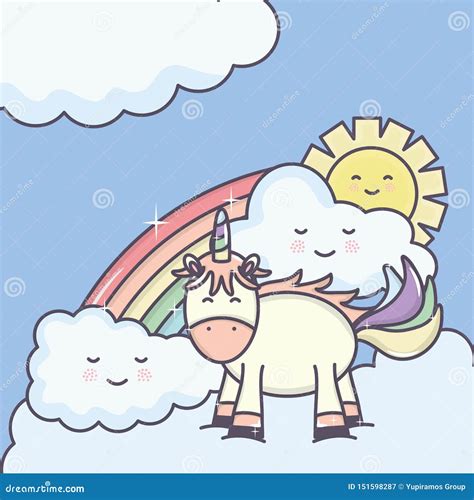 Cute Adorable Unicorn With Clouds Sunny And Rainbow Stock Vector