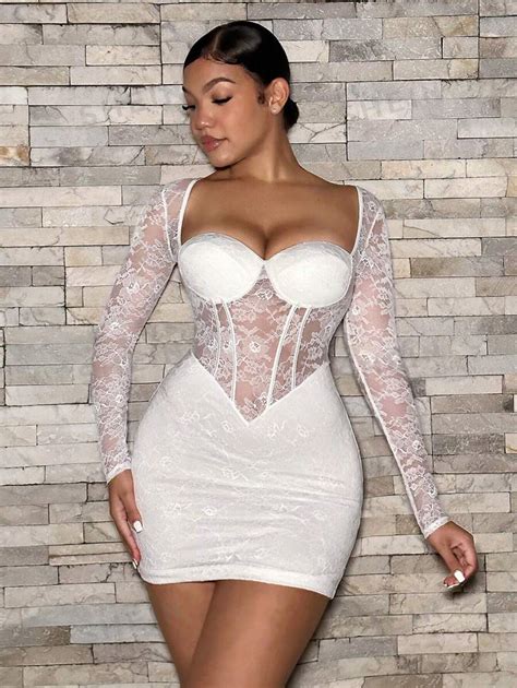 Shein Sxy Sweetheart Neck Bustier Lace Bodycon Dress Shein Uk