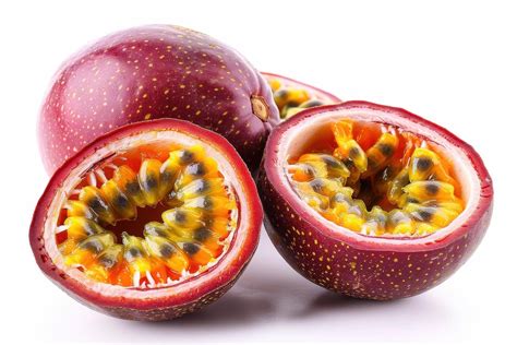 fresh passion fruit cut open showing juicy seeds  vibrant colors