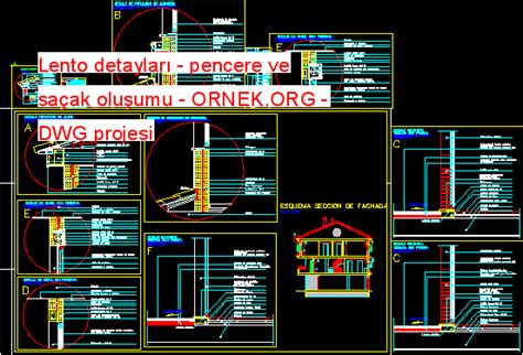 Lento detayları pencere ve saçak oluşumu dwg projesi Autocad Projeler