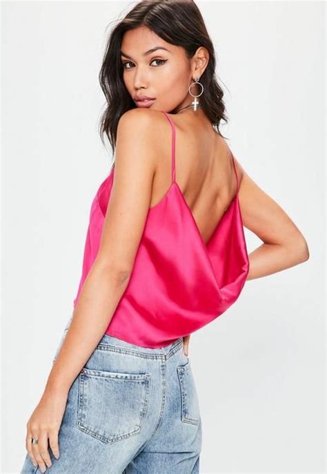 Missguided Pink Satin Cowl Back V Neck Cami Top Long Sleeve Tops Casual