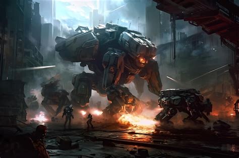 Premium Ai Image Futuristic Battle With Robots Fighting Each Other