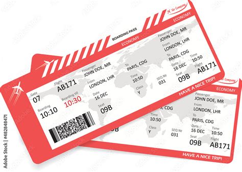 Vector illustration of two boarding pass. Red flight airline tickets ...