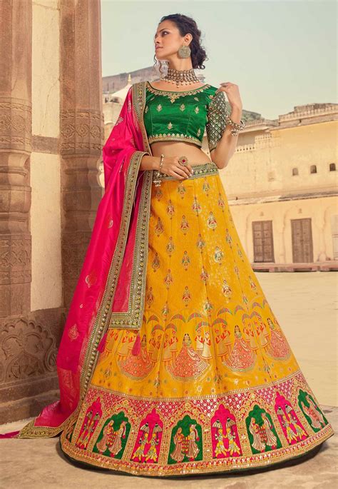 Yellow Silk Embroidered Lehenga Choli