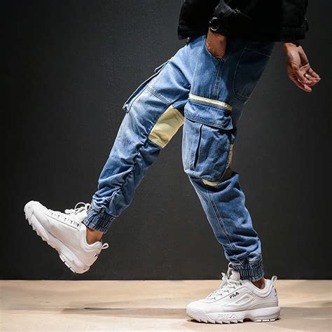 New Men Vintage Fashion Patchwork Denim Pant Streetwear Hip Hop Cargo