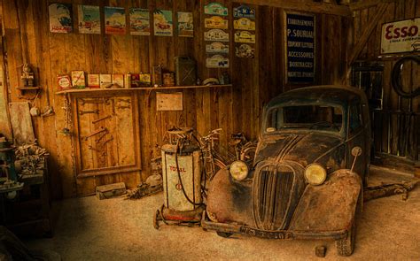 Vintage Auto Repair Garage With Truck And Signs Mixed Media By Design