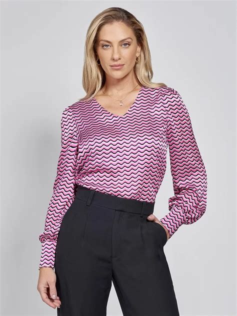 Blusa Estampa Geométrica Rosa Manga Bufante Taimara Blusas