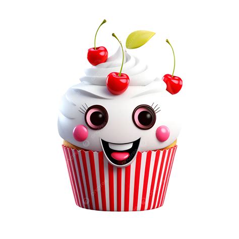 3d Cute Cartoon Face Cupcake With Cherry Vector Cute Cartoon Cupcake