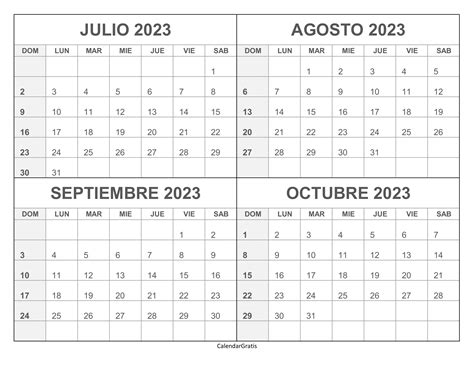 Calendario Julio Agosto Septiembre Octubre 2023