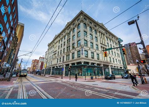 Light Rail Tracks And Buildings On Howard Street In Downtown Baltimore