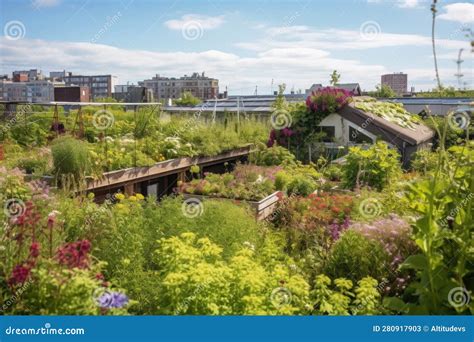 Green Rooftop Garden Filled With Lush Greenery Blooming Flowers And A