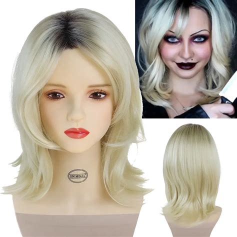 Gnimegil Synthetic Halloween Bride Of Chucky Blonde Omber Wig Long Wave Wigs For Women Middle